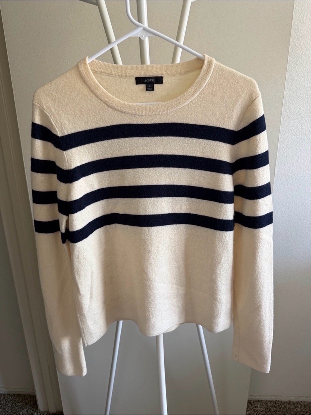 J. Crew Cream and Navy Striped Crewneck Sweater